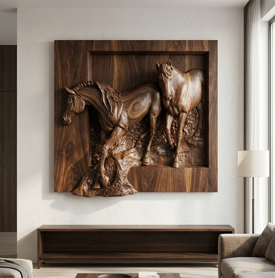 Relief mural en bois sculpté représentant deux chevaux dans un salon contemporain, inspiration pour un devis sculpture cheval sur mesure.