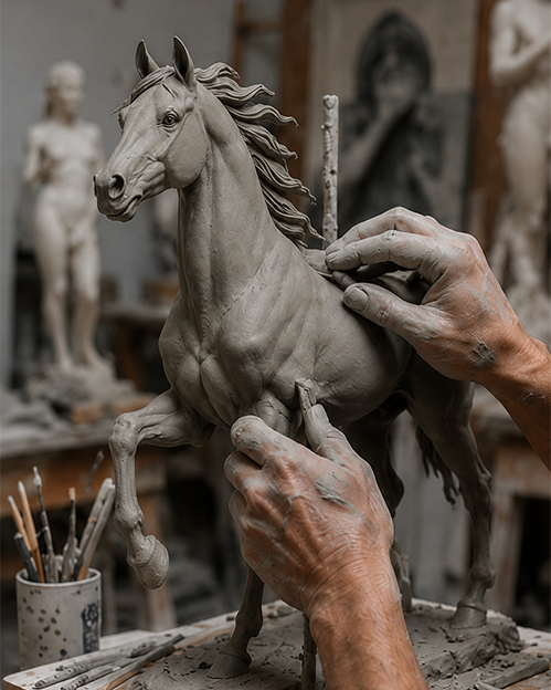 Artisan modelant à la main une sculpture cheval sur mesure en argile dans un atelier au Maroc