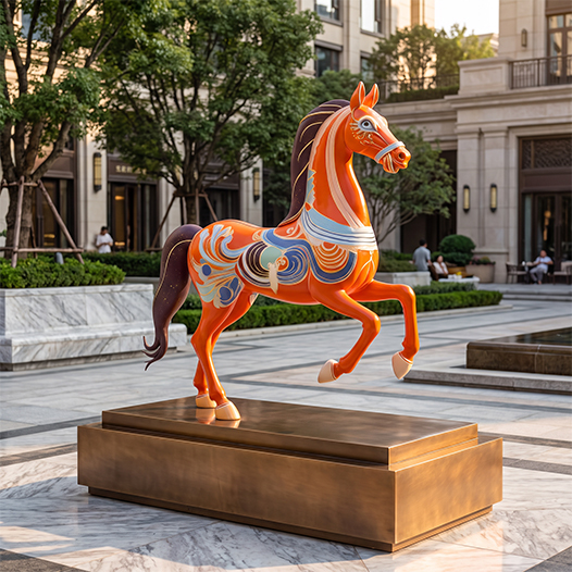 Sculpture cheval colorée sur mesure installée sur un socle dans un espace urbain au Maroc