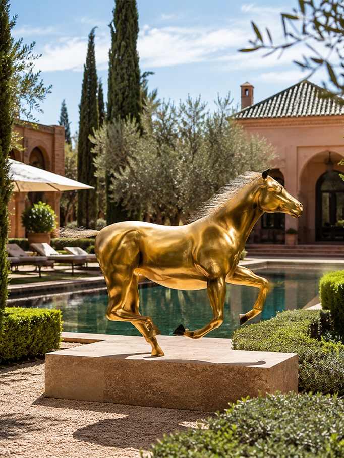 Sculpture cheval dorée au galop installée dans le jardin d’une villa au Maroc