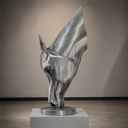 Sculpture cheval en métal avec une finition en inox brossé argenté