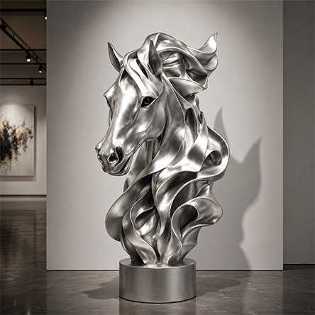 sculpture cheval en métal en inox poli au maroc