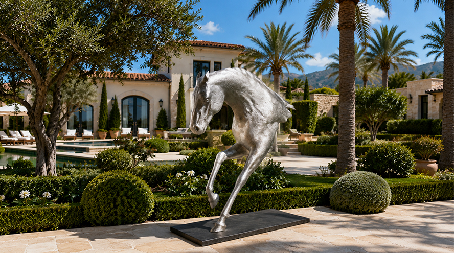 Sculpture cheval extérieur à la finition métallique argentée installée dans le jardin d’une villa
