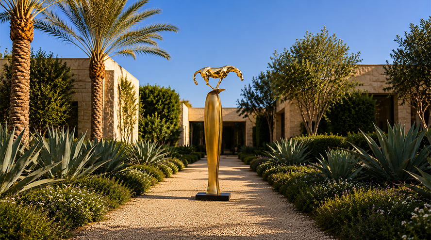 Sculpture cheval extérieur dorée au design contemporain installée dans le jardin paysager d’une villa
