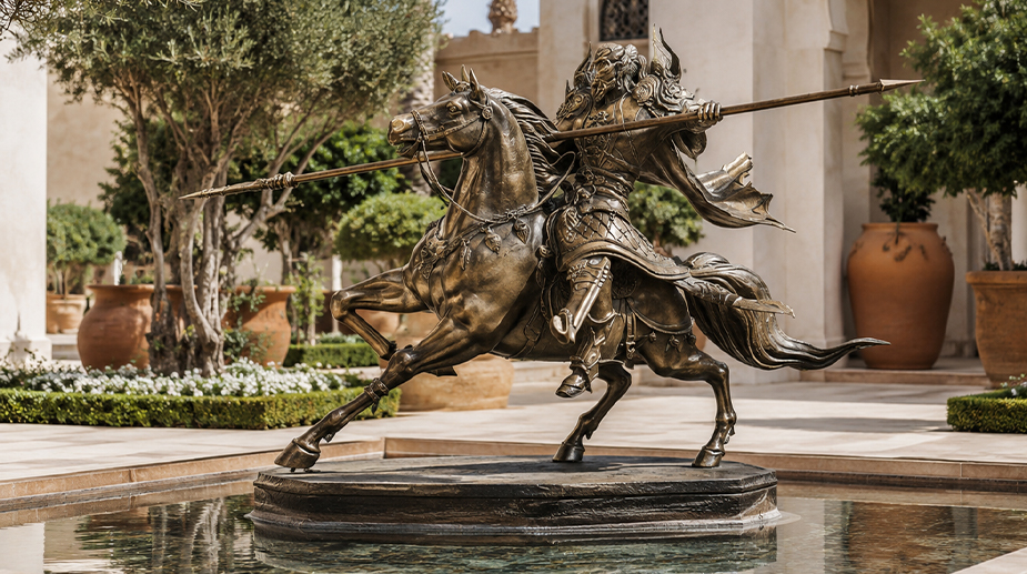 Sculpture cheval grandeur nature en bronze représentant un cavalier armé d’une lance dans un jardin au Maroc