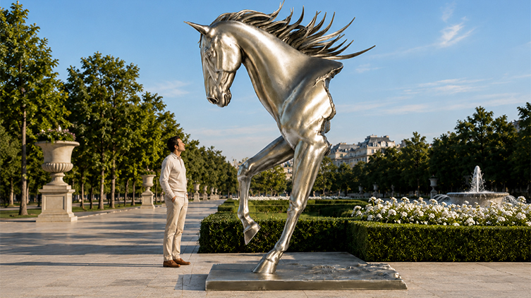 Sculpture cheval grandeur nature en inox installée dans un parc, avec une personne montrant son échelle monumentale