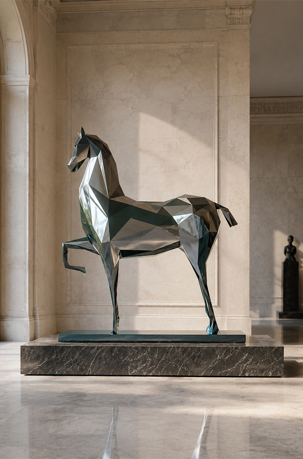 sculpture cheval origami en inox sur mesure