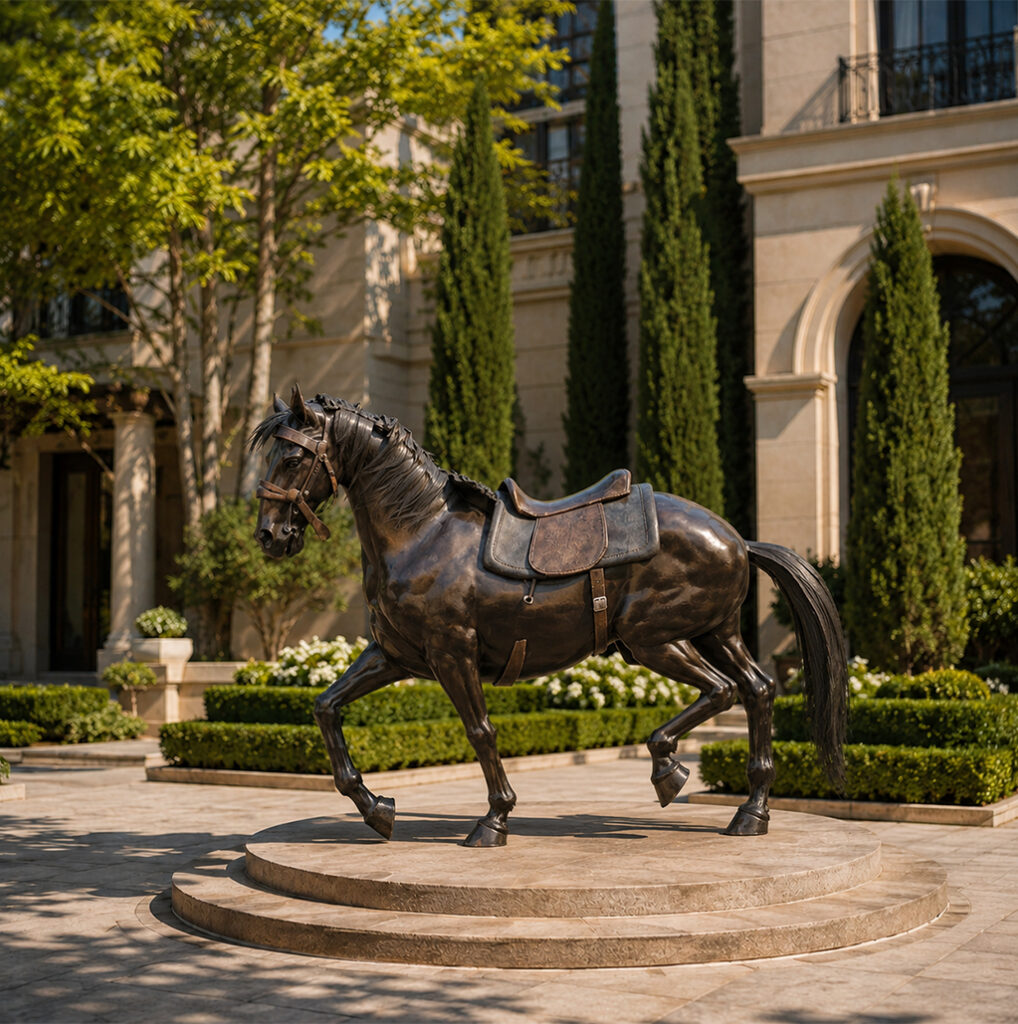 Sculpture cheval sur mesure en bronze avec selle installée dans le jardin d’une villa au Maroc