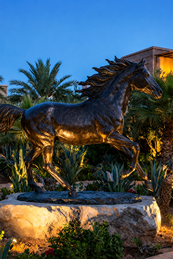 Sculpture cheval sur mesure en bronze installée dans un jardin paysager au Maroc