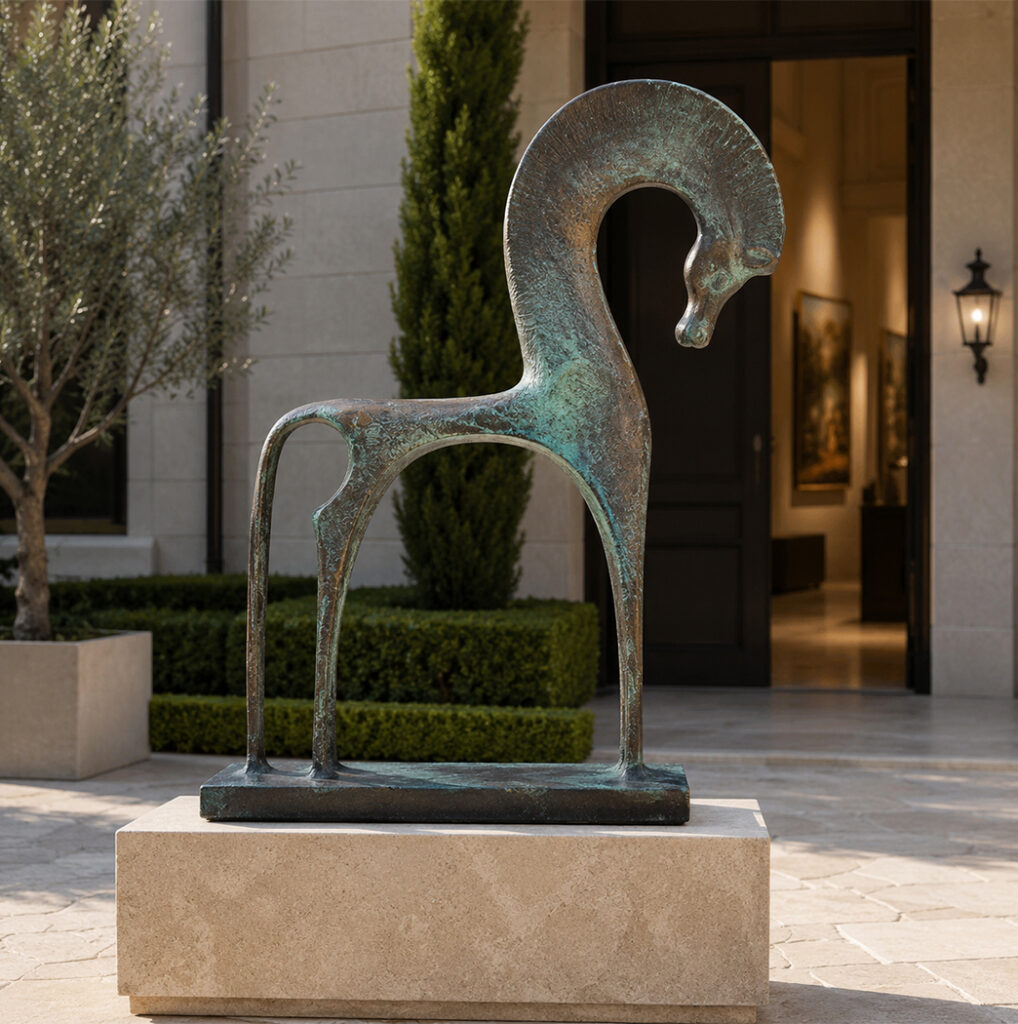 Sculpture cheval sur mesure en bronze patiné installée sur un socle devant une villa au Maroc