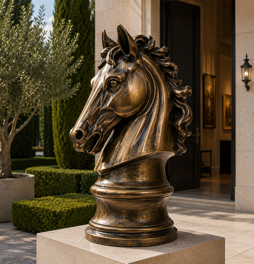 Sculpture cheval sur mesure représentant une tête de cheval en bronze patiné devant une villa au Maroc