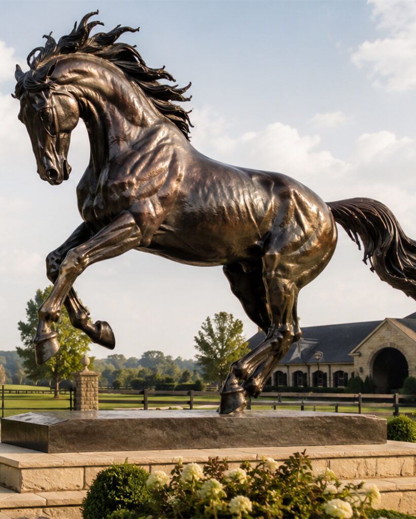 Sculpture pour haras représentant un cheval cabré monumental à finition bronze patinée sur un socle extérieur.