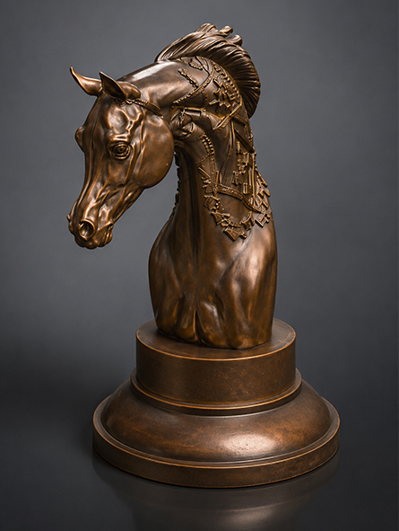 Sculpture tête de cheval en bronze patiné présentée sur un socle rond