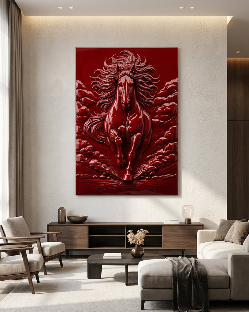sculpture tête de cheval murale rouge au maroc