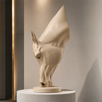Sculpture tête de cheval en résine ivoire présentée sur un socle cylindrique