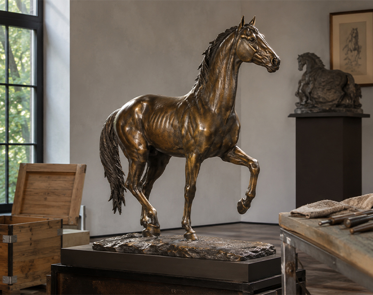Sculpture tête de cheval intégrée à une statue de cheval entier à finition bronze patinée, présentée sur un socle rectangulaire.