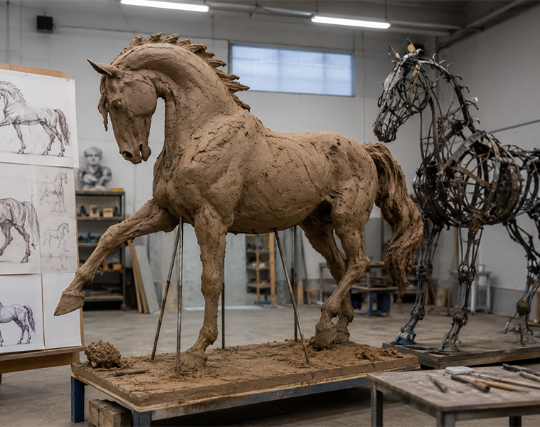 Sculpture tête de cheval visible sur un modelage de cheval entier grandeur nature, soutenu par des tiges dans un atelier de fabrication.