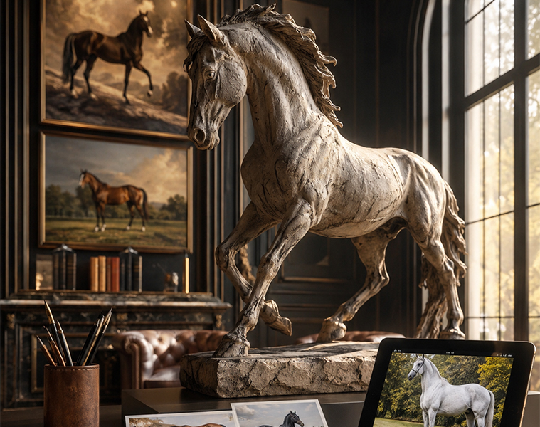 Sculpture tête de cheval intégrée à un modèle de cheval entier en cours de création, présenté sur une base dans un studio artistique.