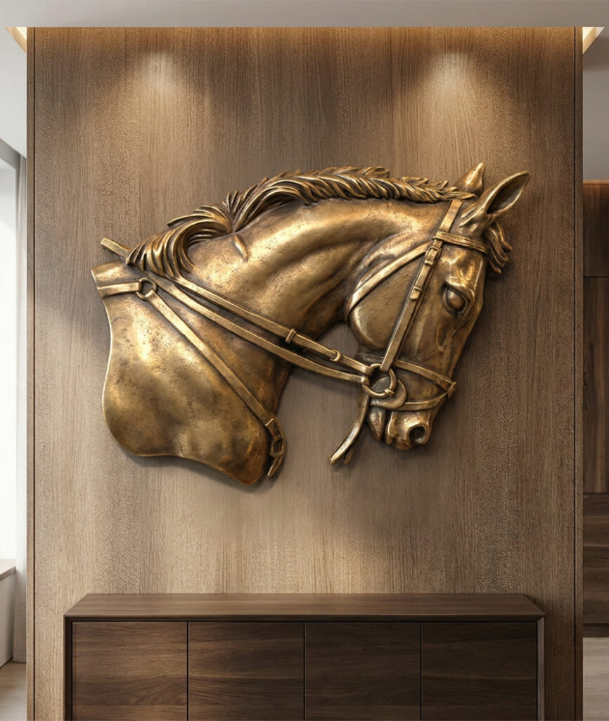 Sculpture tête de cheval murale en relief avec une finition bronze patinée, présentée sur un panneau en bois dans un intérieur contemporain.